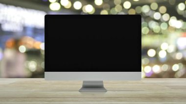 Masaüstü düz simge modern bilgisayar monitörü ekranında bulanık ışık ve alışveriş merkezinin gölgesi, Teknoloji İnternet konsepti üzerine belgelendirilmiş düz simge