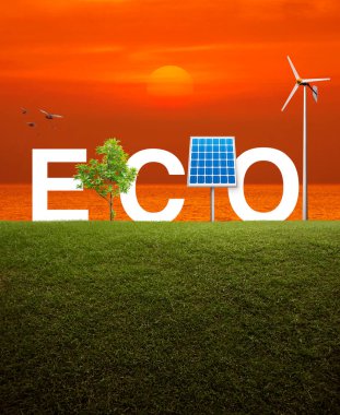 Güneş pili eko kısaltması, rüzgar türbini ve günbatımı gökyüzü ve deniz üzerindeki yeşil çimen tarlasında büyüyen ağaç, Çevresel Sosyal Yönetim kavramı