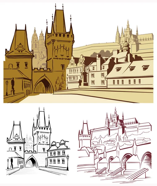 カレル橋 プラハ チェコ共和国 手描き ベクトルイラスト — ストックベクタ