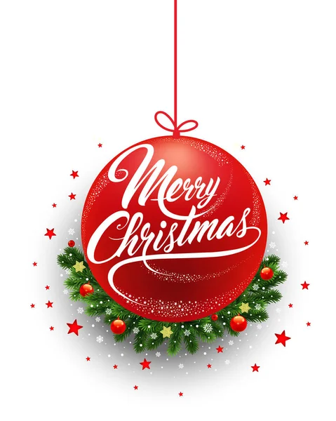 Carte Voeux Noël Avec Boule Rouge Flocons Neige Décorations Traditionnelles Vecteurs De Stock Libres De Droits