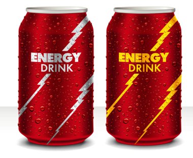 Kırmızı Enerji, içinde taze meyve suyu damlaları olan teneke kutu. Şablon Tin paket tasarımı