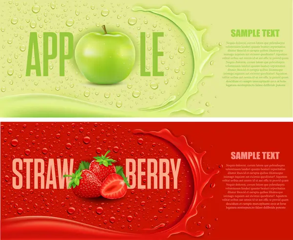 スプラッシュとリンゴとイチゴで赤と緑の背景に多くの新鮮なドロップ ロイヤリティフリーストックベクター