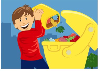 Neşeli genç çocuk plastik atıkları bir konteynıra ayırıyor.