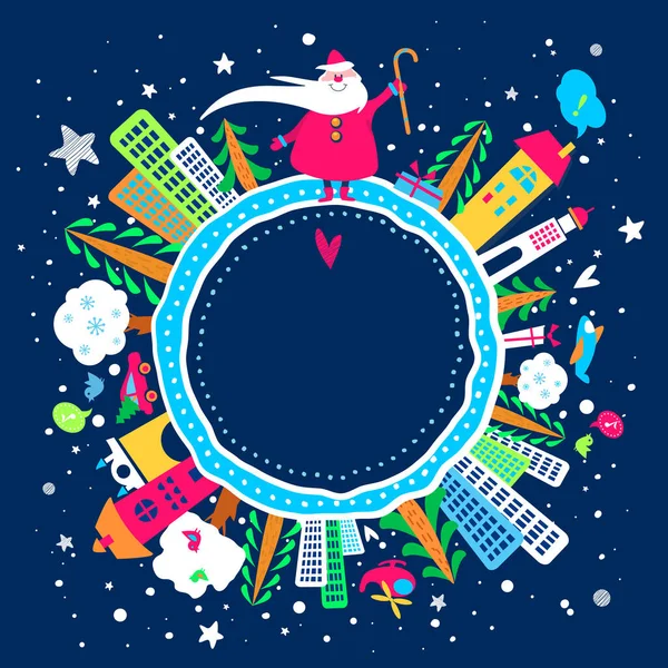 Merry Christmas Vector Illustration Poster Banner Print Santa Claus City — Stock Vector