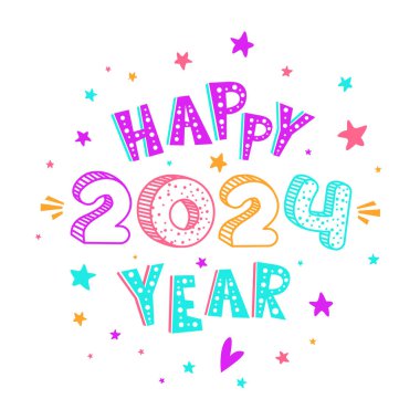 Şirin yeni yıl ya da yıldızlı gece gökyüzünün beyaz arka planında elle çizilmiş 