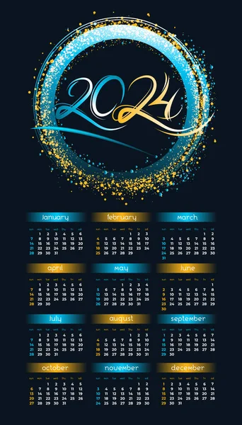 2024 Χρόνια Κάθετο Ημερολόγιο Πλαίσιο Νέον Κύκλο Χρυσή Και Μπλε — Διανυσματικό Αρχείο