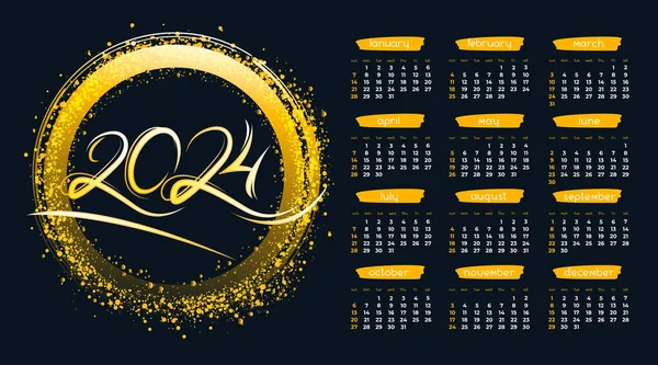 Календарь 2024 Года Неоновой Окружностью Золотым Блеском Черном Фоне Векторный — стоковый вектор