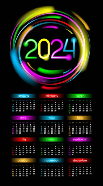 Calendario Vertical 2024 Años Con Marco Círculo Neón Con Brillo — Vector de stock