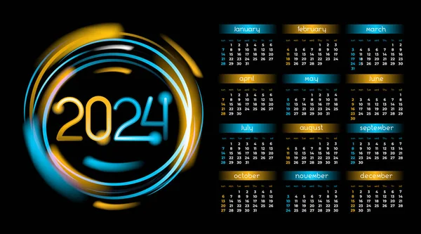Calendario Horizontal 2024 Años Con Marco Círculo Neón Con Brillo — Vector de stock