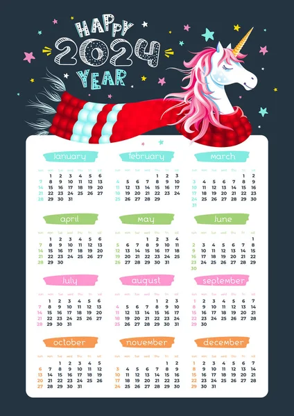 Lindo Calendario 2024 Años Con Unicornio Bufanda Estrellas Sobre Fondo — Vector de stock