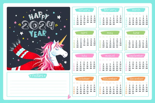 Cute 2024 Rok Kalendarz Jednorożcem Szalik Gwiazdy Miętowym Zielonym Tle — Wektor stockowy