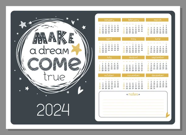 2024 Letni Kalendarz Horyzontalny Ręcznie Rysowanym Napisem Spełnij Marzenie Organizator — Wektor stockowy