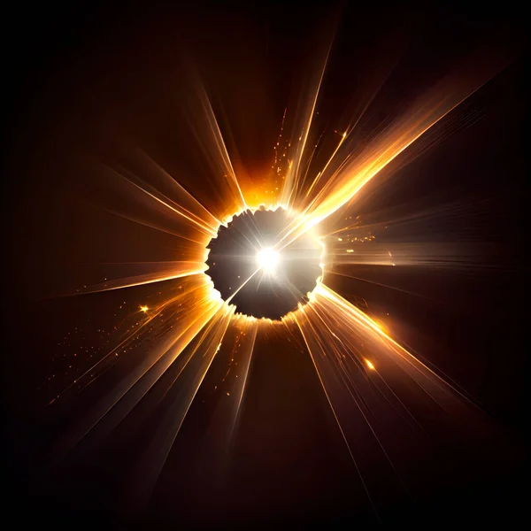 Bright glare and light, the effect of a lens in space on a black background. Saturated colors, flashes of light in the dark, reflections and rays. Lens flare, sparkles and shine.