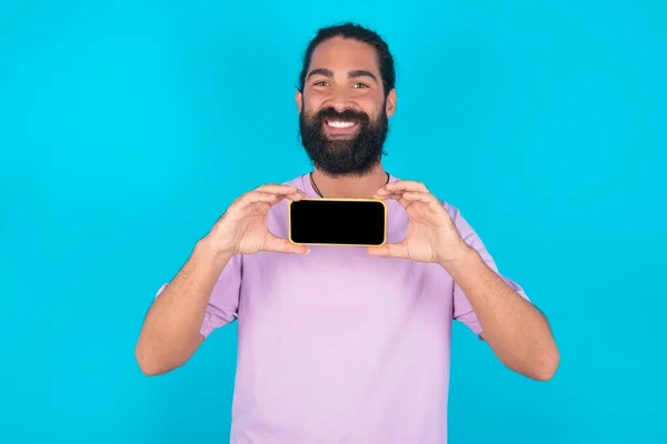 Cheerful Cheery Content Caucasian Man Beard Wearing Violet Shirt Blue — Stock Photo, Image