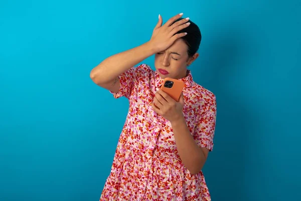 Upset Depressed Woman Wearing Floral Dress Makes Face Palm Forgot — Stock Photo, Image