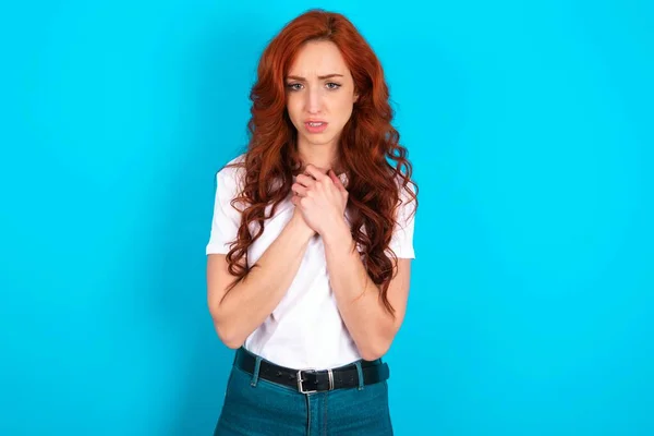 Sad Redhead Woman Wearing White Shirt Blue Background Feeling Upset — Stock Photo, Image