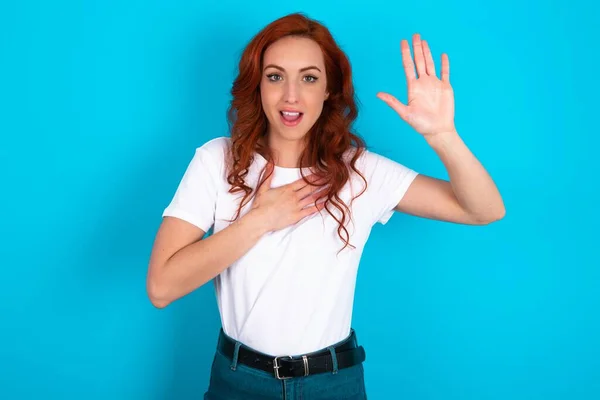 Swear Promise You Regret Portrait Sincere Redhead Woman Wearing White — Stock Photo, Image