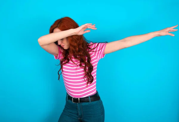 Photo Funky Redhead Woman Wearing Pink Striped Shirt Blue Background — Stock Photo, Image