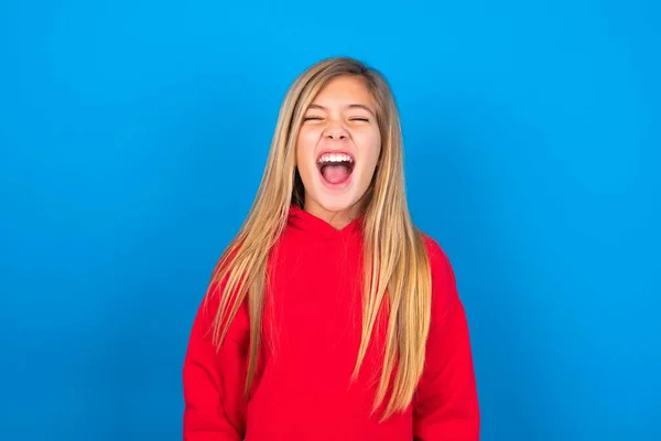 Stressful Beautiful Caucasian Teen Girl Wearing Red Sweatshirt Blue Background — Stock Photo, Image