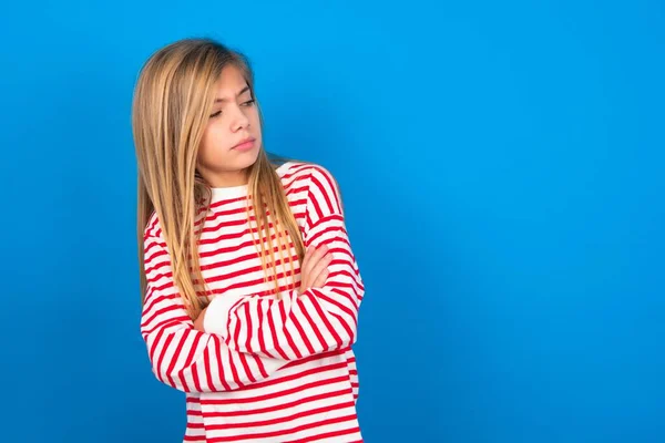 Image Upset Teen Girl Wearing Striped Shirt Blue Background Arms — Stock Photo, Image
