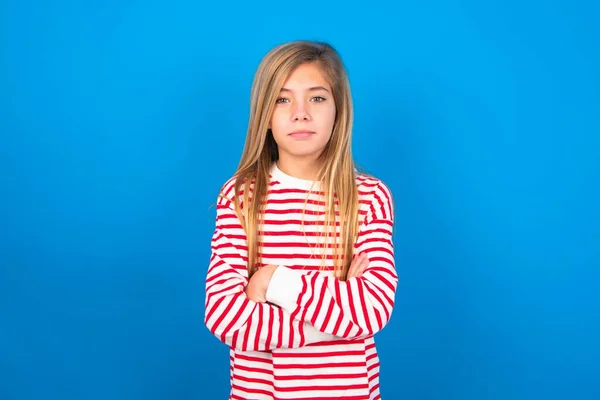 Picture Angry Teen Girl Wearing Striped Shirt Blue Background Looking — Stock Photo, Image