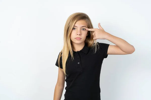 Unhappy Beautiful Caucasian Teen Girl Wearing Black Shirt White Wall — Stock Photo, Image