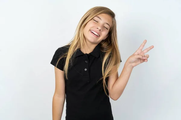 Hermosa Chica Adolescente Caucásica Vistiendo Camiseta Negra Sobre Pared Blanca — Foto de Stock