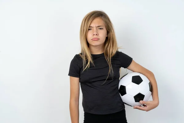 Offended Dissatisfied Teen Girl Wearing Sportswear Holding Football Ball White — Stock Photo, Image