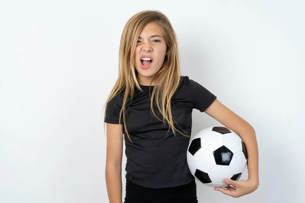 Portrait Dissatisfied Young Caucasian Girl Holding Football Ball White Background — Stock Photo, Image