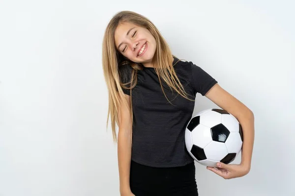 Positivo Jovem Caucasiano Menina Segurando Futebol Bola Sobre Branco Fundo — Fotografia de Stock