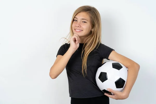 Beautiful Caucasian Teen Girl Wearing Sportswear Holding Football Ball White — Stock Photo, Image