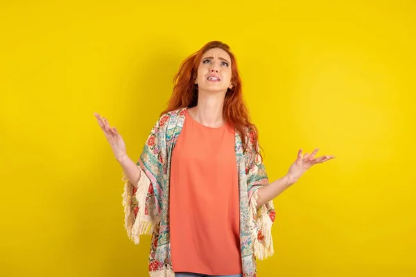 Red Haired Woman Standing Yellow Studio Background Crazy Mad Shouting — Stock Photo, Image