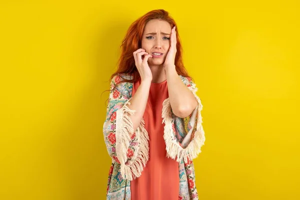 Doleful Desperate Crying Red Haired Woman Standing Yellow Studio Background — Stock Photo, Image
