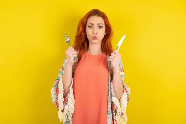 Hungry Red Haired Woman Yellow Studio Background Holding Hand Fork — Stock Photo, Image