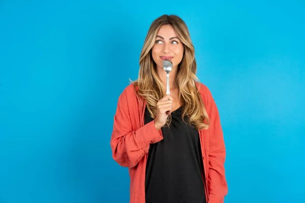 Very Hungry Blonde Woman Wearing Overshirt Holding Spoon Mouth Dream — Stock Photo, Image