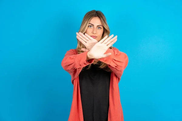 Blonde Woman Wearing Overshirt Has Rejection Expression Crossing Arms Palms — Stock Photo, Image