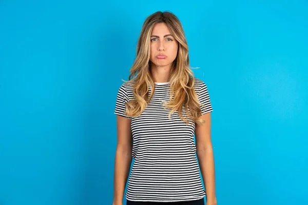 Dismal Gloomy Rejected Young Beautiful Woman Wearing Striped Shirt Blue — Stock Photo, Image