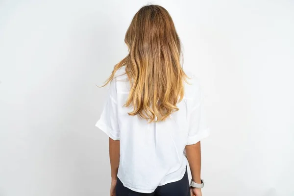 Back View Young Caucasian Businesswoman Wearing White Shirt White Background — Stock Photo, Image
