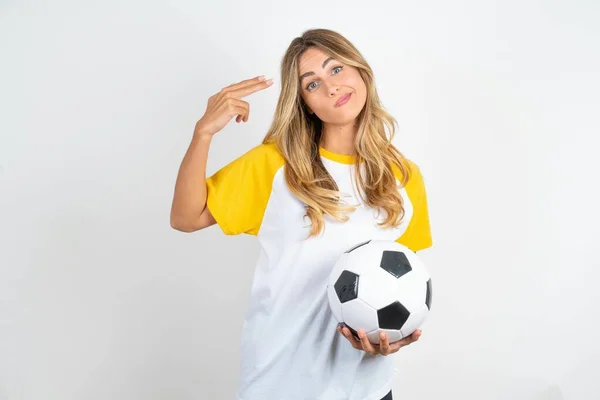 Young Beautiful Woman Holding Football Ball White Background Foolishness Shoots — Stock Photo, Image