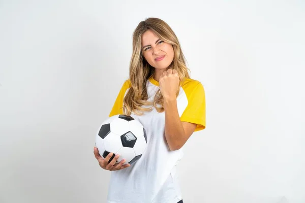 Displeased Annoyed Young Beautiful Woman Holding Football Ball White Background — Stock Photo, Image