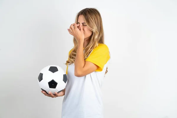 Sad Beautiful Woman Wearing Football Shirt White Background Suffering Headache — Stock Photo, Image