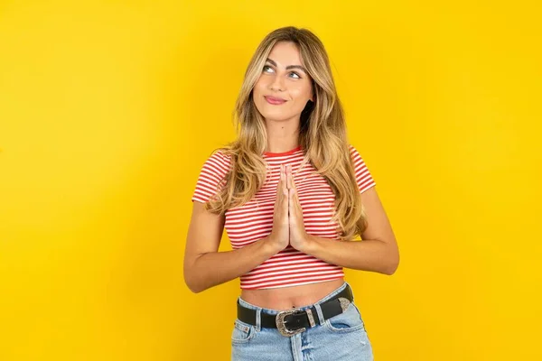 Charming Cheerful Blonde Young Woman Wearing Striped Shirt Yellow Studio — Stock Photo, Image