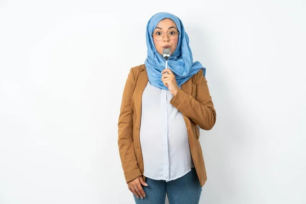 Very Hungry Muslim Pregnant Woman Wearing Hijab Holding Spoon Mouth — Stock Photo, Image
