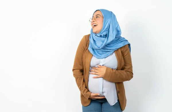 Muslim Těhotná Žena Nosí Hidžáb Velmi Šťastný Nadšený Nových Plánů — Stock fotografie