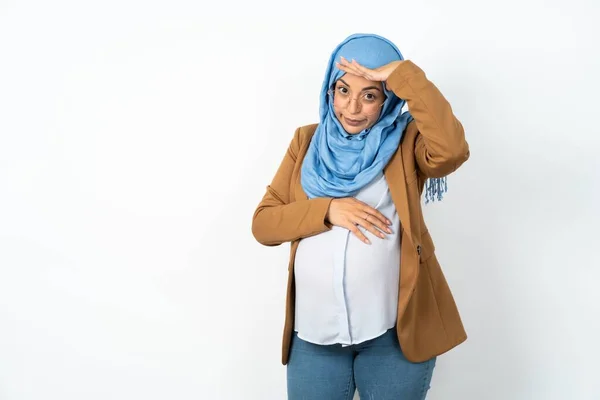 Pregnant Muslim Woman Wearing Hijab Having Problems Worried Stressed Holds — Stock Photo, Image
