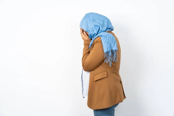 Triste Belle Femme Musulmane Enceinte Portant Hijab Pleurer Couvrant Son — Photo