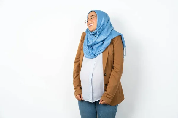 Positive Beautiful Pregnant Muslim Woman Wearing Hijab Overjoyed Expression Closes — Stock Photo, Image