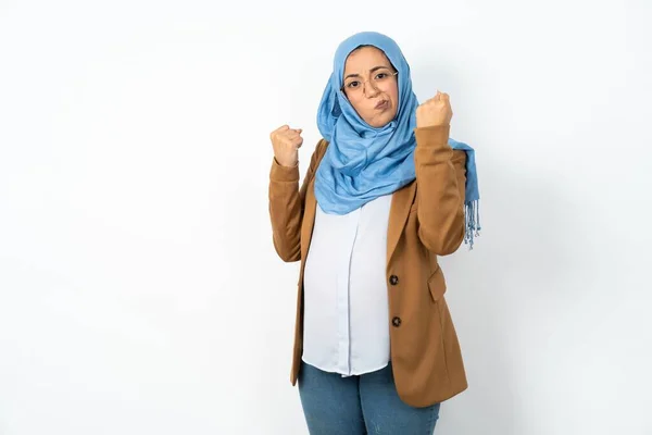 Irritated Beautiful Pregnant Muslim Woman Wearing Hijab Blows Cheeks Anger — Stock Photo, Image