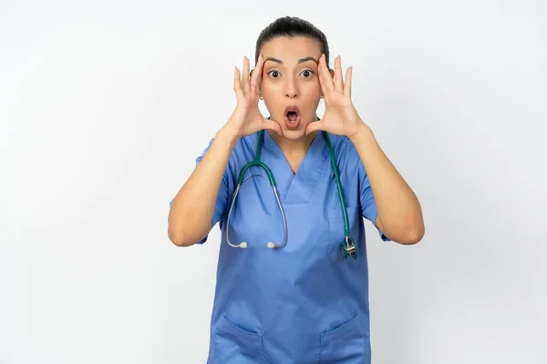 Arab Doctor Woman Wearing Blue Uniform Scared Expression Keeps Hands — Stock Photo, Image
