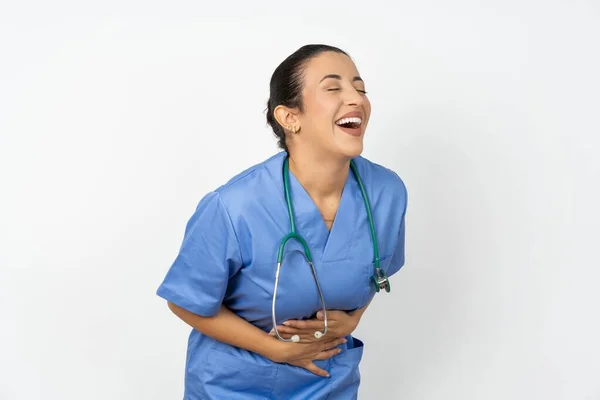 Arabo Medico Donna Indossare Blu Uniforme Sorridente Ridere Forte Perché — Foto Stock